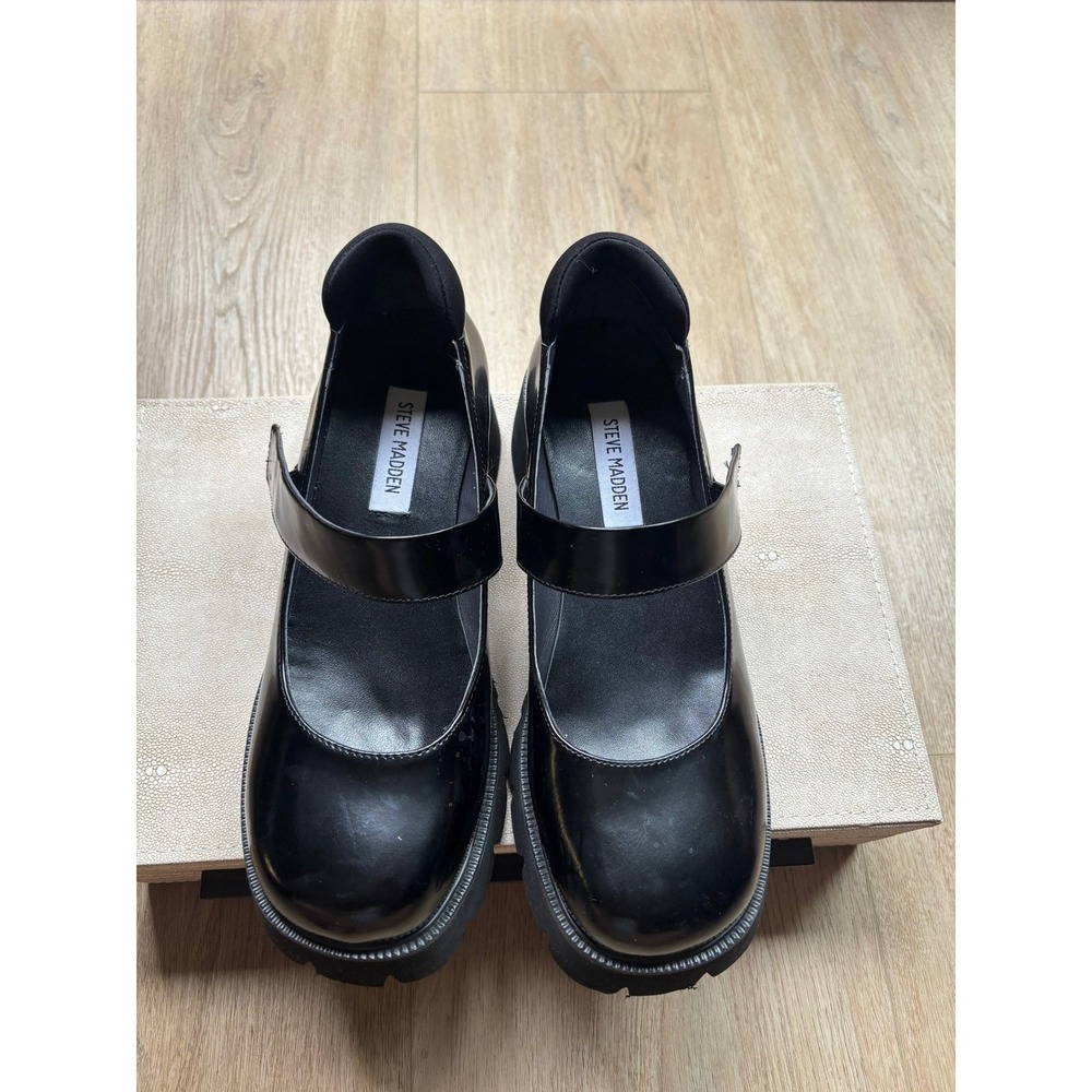 Steve Madden Black Patent Platform Mary Jane Lug Sole Shoes Womens 9